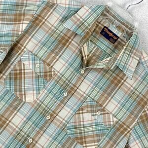 VTG 80s Thumbs Up Sears Camp Shirt Men L Brown Blue Plaid Western Classic Retro
